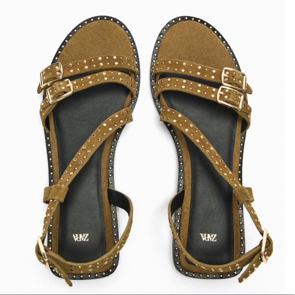 Zara Brown Suede Studded Buckle Flat Sandals